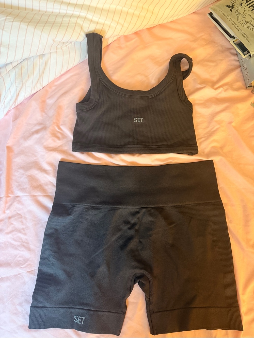 Ribbed Crop Tank & High-Waist Bike Shorts Set - Charcoal